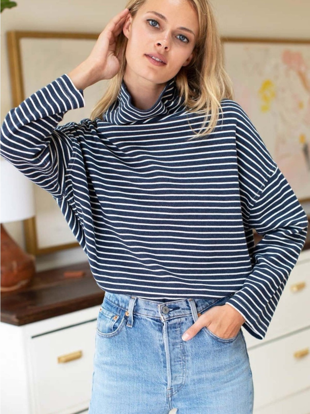 EMERSON FRY NAVY STRIPE FUNNEL NECK TOP SZ M